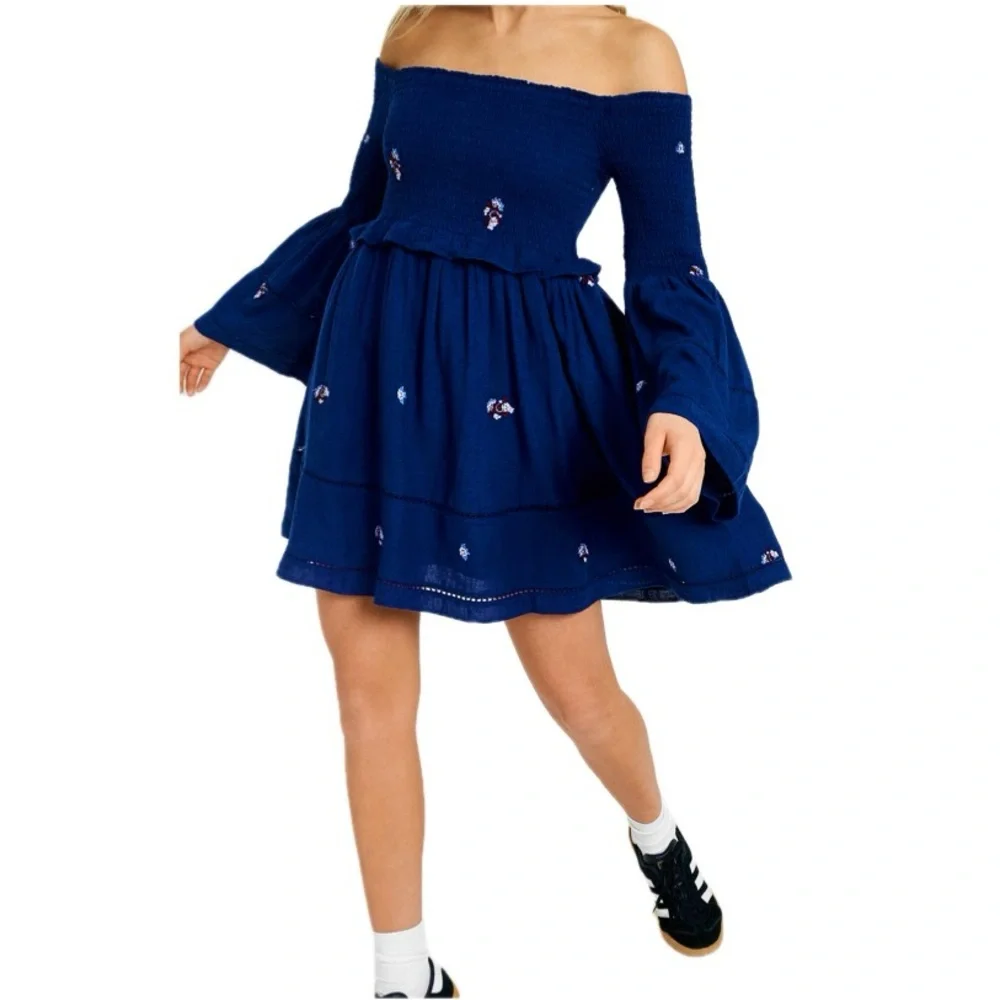 FREE PEOPLE Counting Daisies Embroidery Off The Shoulder Sz L - Picture 3 of 8